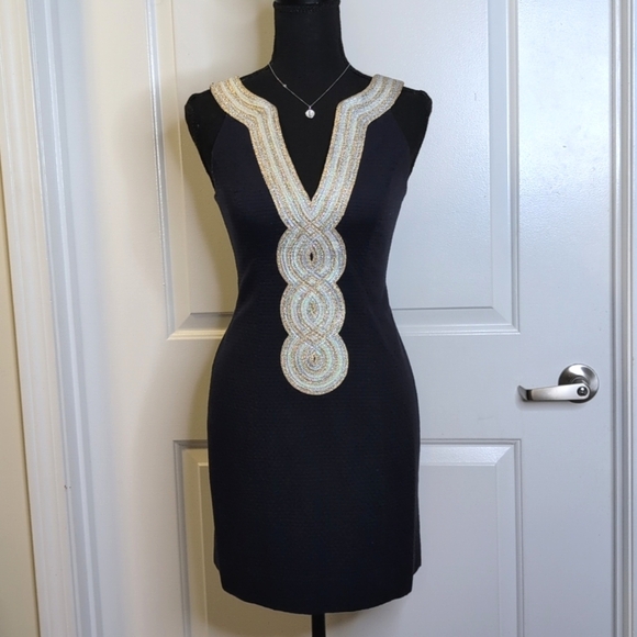 Lilly Pulitzer Valli Navy Shift Mini Dress Silver Gold Metallic Trim 00 - Picture 3 of 15